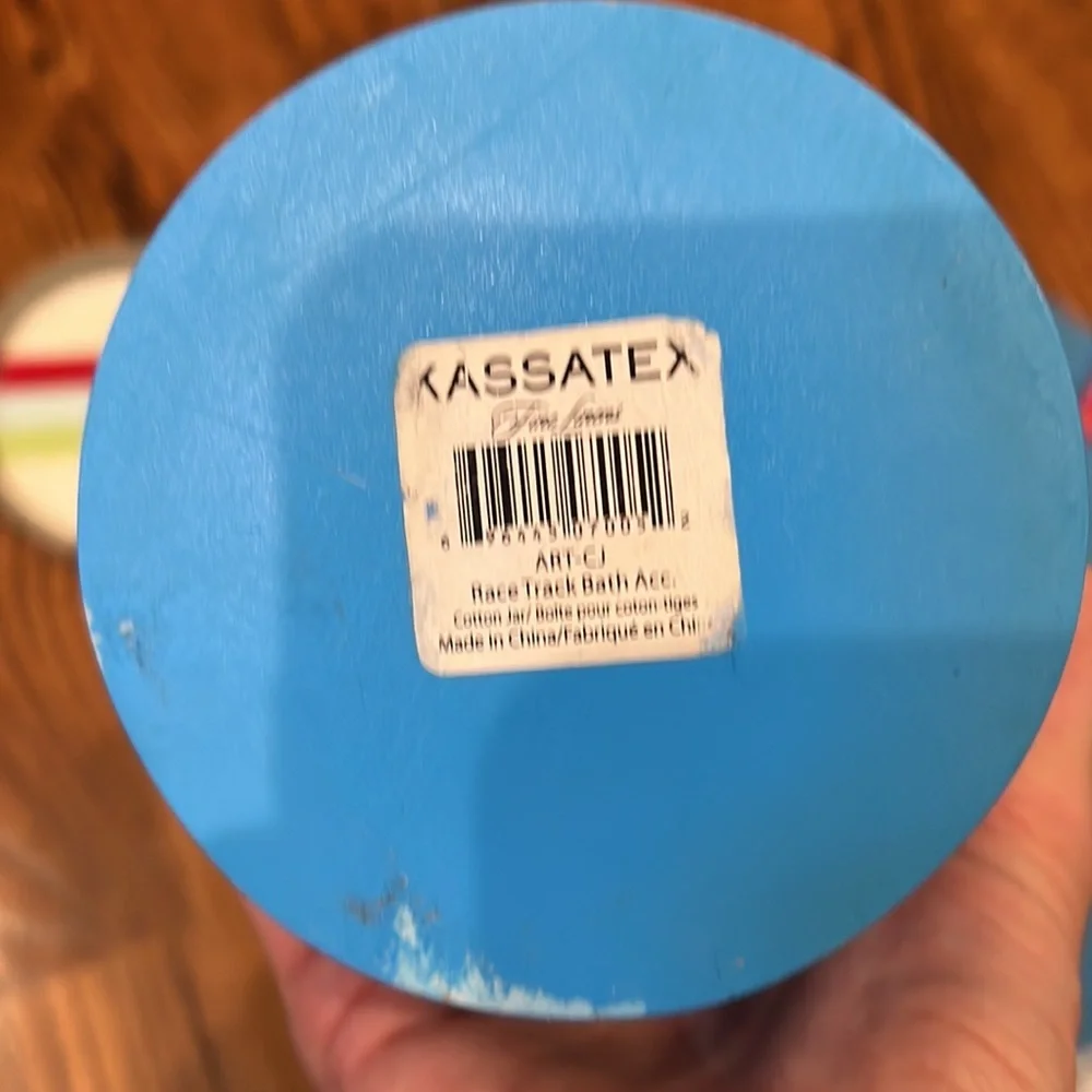 Kassatex boys bath car set: shower curtain, towels, soap dish, tray, covered jar